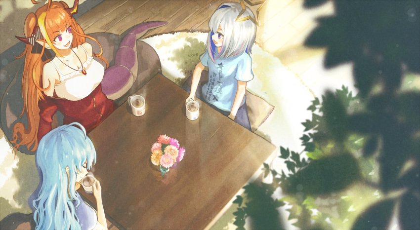 3girls, absurdres, amane_kanata, blue_hair, carpet, coffee_mug, cup, doukyo's