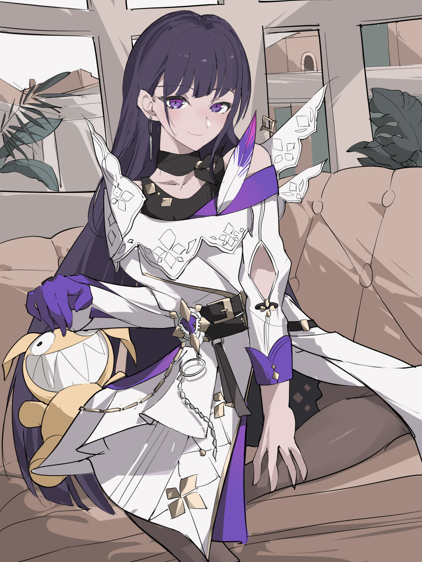 1girl, absurdres, bangs, bare_shoulders, black_eyes, black_hair, closed_mouth, couch