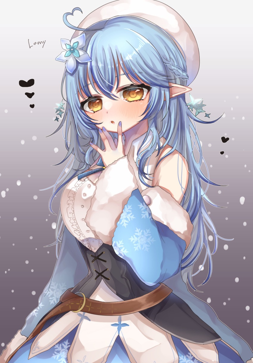 1girl, :o, ahoge, bangs, belt, beret, black_corset, blue_flower, blue_hair, blue_jacket, blue_skirt, breasts, brown_belt, character_name, corset, eyebrows_visible_through_hair, flower, fur_trim, gradient, gradient_background, hair_flower, hair_ornament, hat, heart, heart_hair, highres, hololive, jacket, large_breasts, off_shoulder, open_mouth, richi, skirt, solo, virtual_youtuber, w, yellow_eyes, yukihana_lamy
