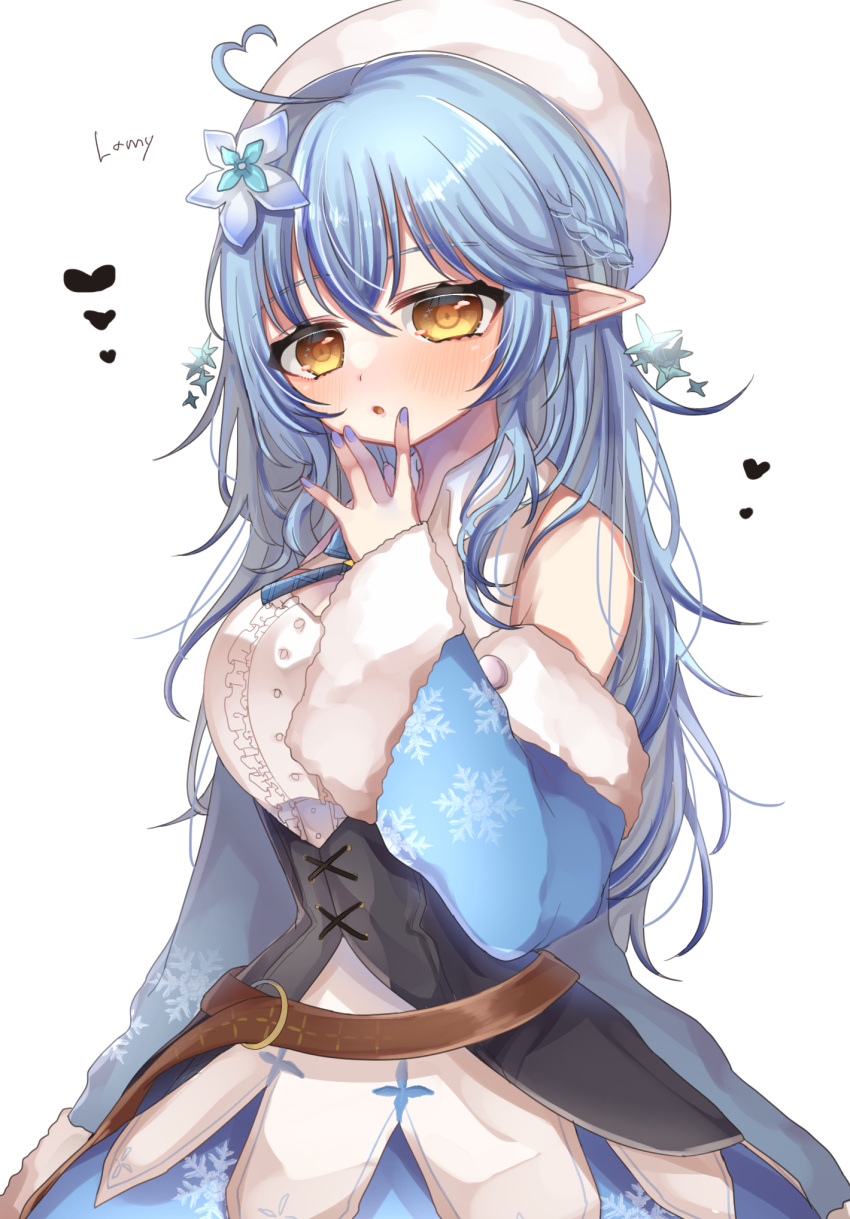 1girl, :o, ahoge, bangs, belt, beret, black_corset, blue_flower, blue_hair, blue_jacket, blue_skirt, breasts, brown_belt, character_name, corset, eyebrows_visible_through_hair, flower, fur_trim, hair_flower, hair_ornament, hat, heart, heart_hair, highres, hololive, jacket, large_breasts, off_shoulder, open_mouth, richi, skirt, solo, virtual_youtuber, w, white_background, yellow_eyes, yukihana_lamy
