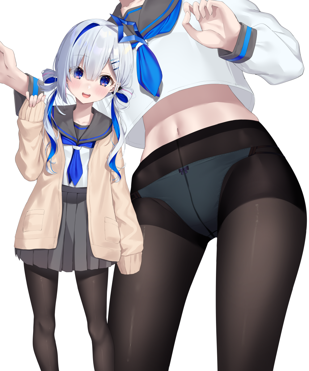 1girl, amane_kanata, asymmetrical_bangs, asymmetrical_hair, bangs, black_legwear, blue_hair, blue_neckwear