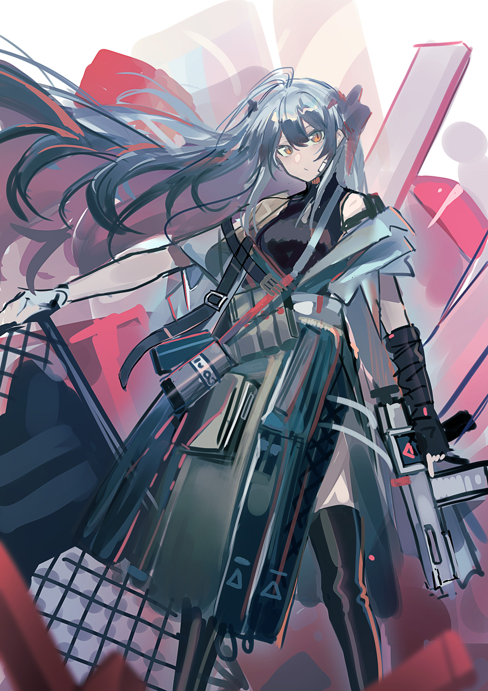 1girl, arknights, bandage_on_face, bandages, black_footwear, black_gloves, black_shirt, boots