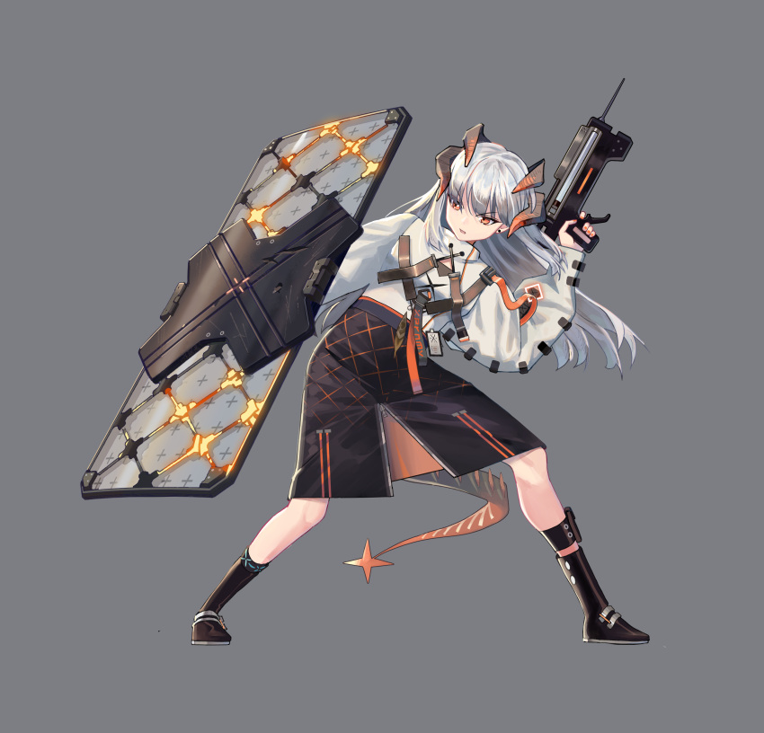 1girl, 4tr33, absurdres, arknights, black_footwear, black_skirt, boots, chest_strap, commentary_request, dragon_girl, dragon_horns, dragon_tail, earrings, feathers, frown, full_body, grey_background, hand_up, high-waist_skirt, highres, holding, holding_shield, holding_weapon, horns, jewelry, leaning_to_the_side, long_hair, looking_away, orange_eyes, parted_lips, riot_shield, saria_(arknights), shield, shirt, silver_hair, simple_background, skirt, solo, stud_earrings, syringe_gun, tail, v-shaped_eyebrows, weapon, white_shirt, wide_sleeves