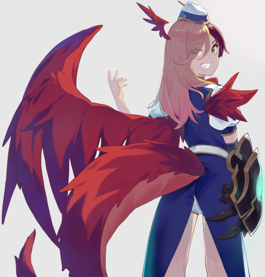 1girl, dragon_girl, dragon_horns, dragon_tail, dragon_wings, green_eyes, hat, highres, horns, kaya_(princess_connect!), long_hair, looking_at_viewer, open_mouth, princess_connect!, shimon_(31426784), smile, tail, wings