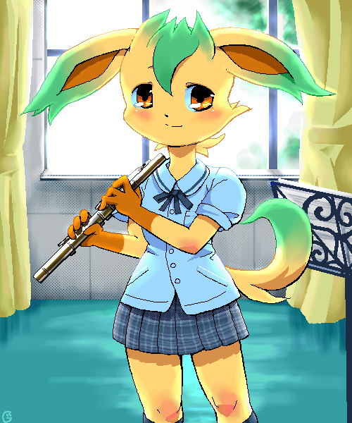 flute, furry, g-sun, leafeon, pokemon, school_uniform