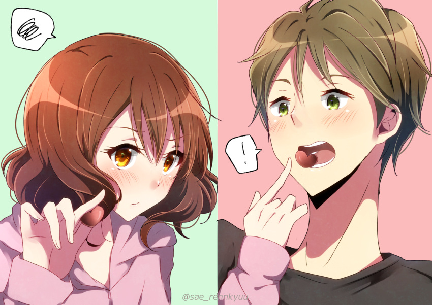 !, bangs, black_shirt, blush, brown_eyes, brown_hair, chocolate, closed_mouth