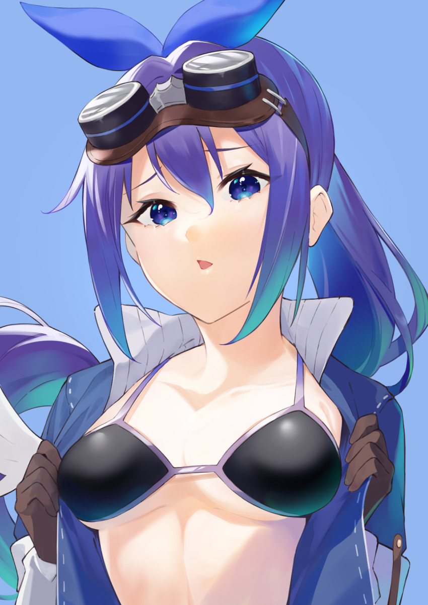 1girl, black_bra, blue_eyes, blue_hair, bra, breasts, eyebrows_visible_through_hair, gloves, hair_between_eyes, hair_ornament, highres, large_breasts, mifuyu_(princess_connect!), open_mouth, ponytail, princess_connect!, shimon_(31426784), simple_background, underwear