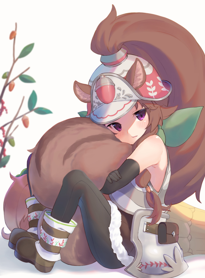 1girl, animal_ears, black_legwear, blush, brown_hair, hat, highres, looking_at_viewer