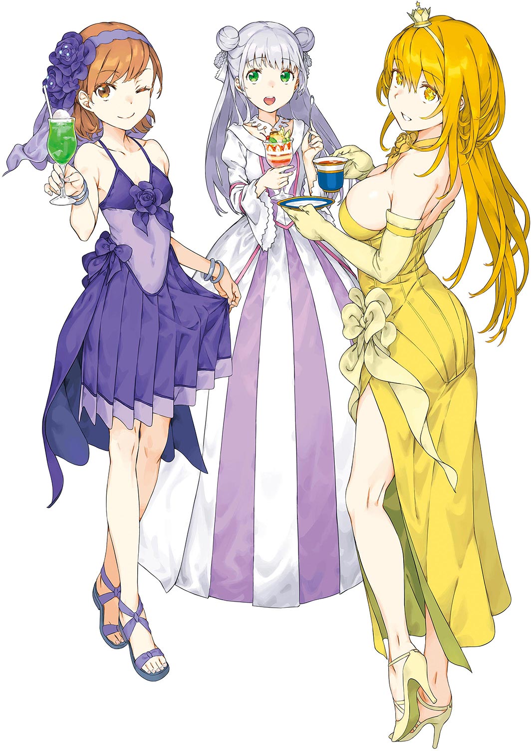 +_+, 3girls, blonde_hair, brown_eyes, brown_hair, crown_hair_ornament, double_bun, dress, formal, gold_dress, haimura_kiyotaka, hair_bun, highres, index_(toaru_majutsu_no_index), long_dress, long_hair, looking_at_viewer, misaka_mikoto, multiple_girls, official_art, one_eye_closed, open_mouth, purple_dress, shokuhou_misaki, short_dress, short_hair, silver_hair, smile, toaru_majutsu_no_index, toaru_majutsu_no_index:_new_testament, white_background, white_dress, yellow_eyes