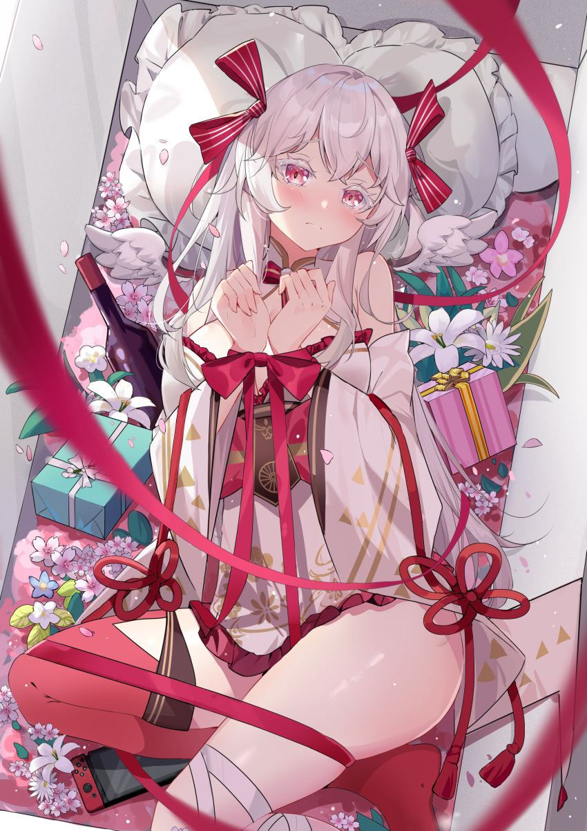 1girl, absurdres, bare_shoulders, bottle, bow, box, breasts, closed_mouth