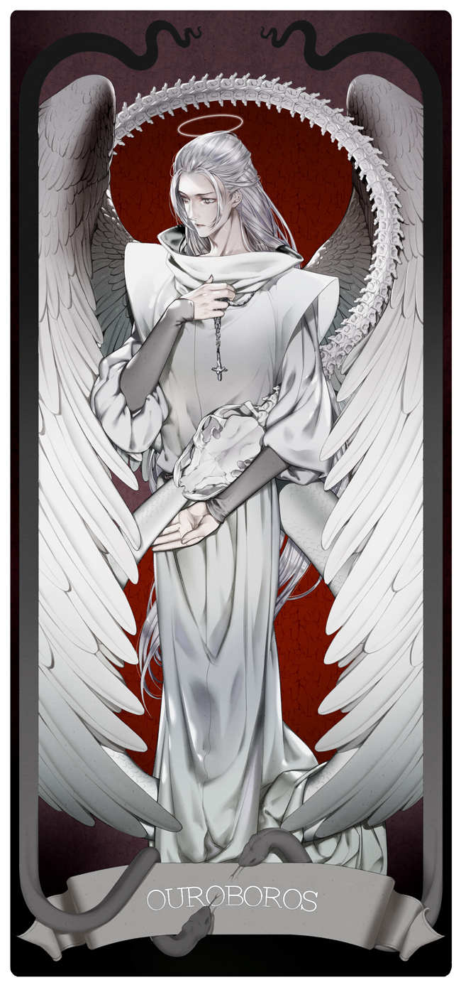 1boy, angel, angel_wings, animal_skull, bieshuohuaaiwo, chinese_commentary, commentary_request, cross, cross_necklace, feathers, grey_eyes, halo, highres, jewelry, long_hair, looking_to_the_side, lord_of_the_mysteries, necklace, ouroboros_(lord_of_the_mysteries), reptilian, robe, silver_hair, skeleton, snake, solo, tarot, tarot_arcana, white_robe, wings