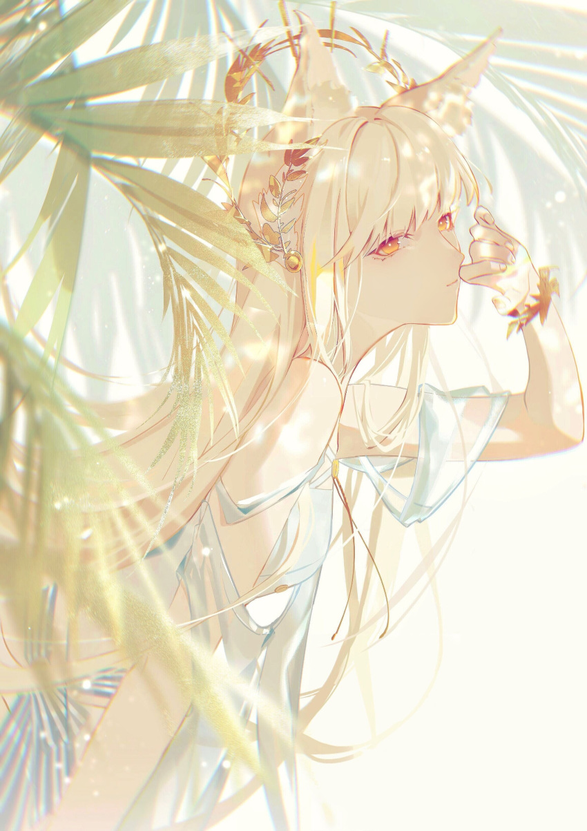 1girl, absurdres, ahoge, animal_ear_fluff, animal_ears, arknights, bracelet, breasts