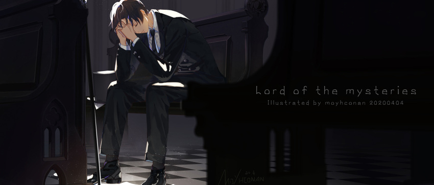 1boy, bench, black_hair, black_neckwear, black_suit, cane, chinese_commentary, closed_eyes