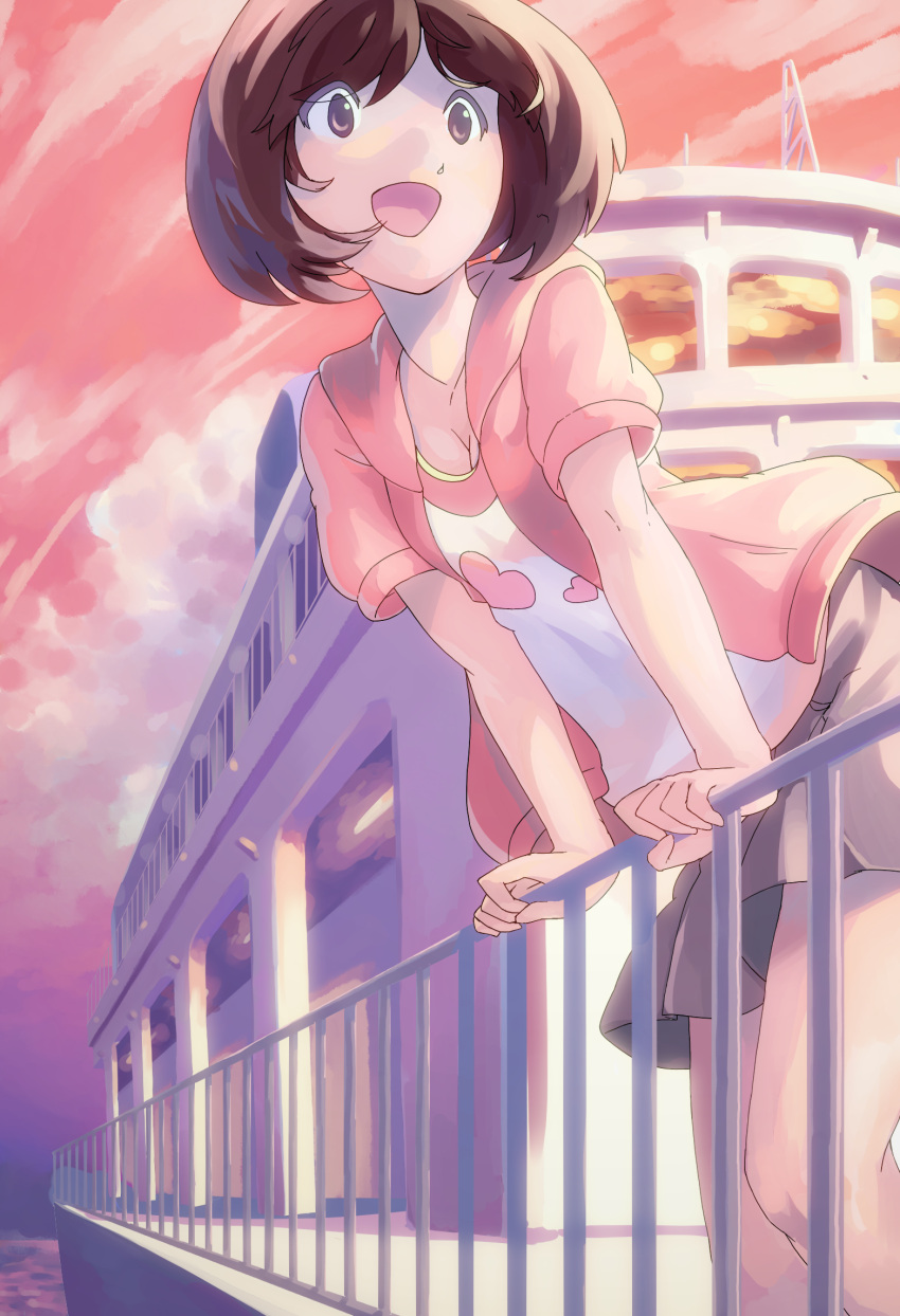 brown_hair, casual, hidaka_ai, highres, idolmaster, idolmaster_dearly_stars, ika_soumen, rail