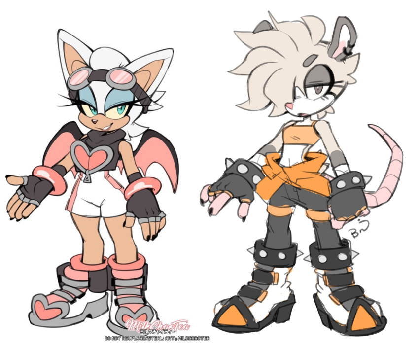 2girls, animal_ears, animal_nose, aqua_eyeshadow, artist_name, bangle, bare_shoulders, bat_ears, bat_girl, bat_wings, black_gloves, black_nails, body_fur, bracelet, colored_sclera, commentary, dark-skinned_female, dark_skin, earrings, elbow_gloves, english_commentary, english_text, eyeshadow, eyewear_on_head, fingerless_gloves, fingernails, full_body, furry, gloves, hair_over_one_eye, heart, highres, jewelry, kaijumilk_(milkchaotea), linea_alba, long_fingernails, looking_at_viewer, makeup, mascara, midriff, multiple_girls, narrow_waist, navel, one_eye_covered, orange_sports_bra, original, possum_ears, possum_girl, possum_tail, punk, rouge_the_bat, short_hair, sid_(milkchaotea), signature, simple_background, smile, sonic_(series), sonic_adventure_2, spiked_boots, spiked_bracelet, spikes, sports_bra, standing, sunglasses, tail, watermark, white_background, wings, yellow_sclera