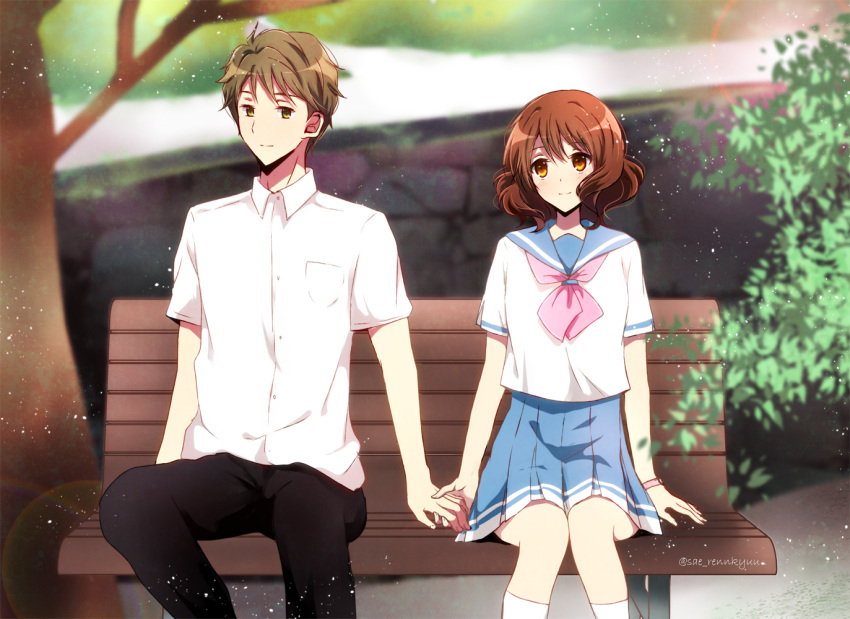1boy, 1girl, artist_name, bangs, bench, black_pants, blue_sailor_collar, blue_skirt