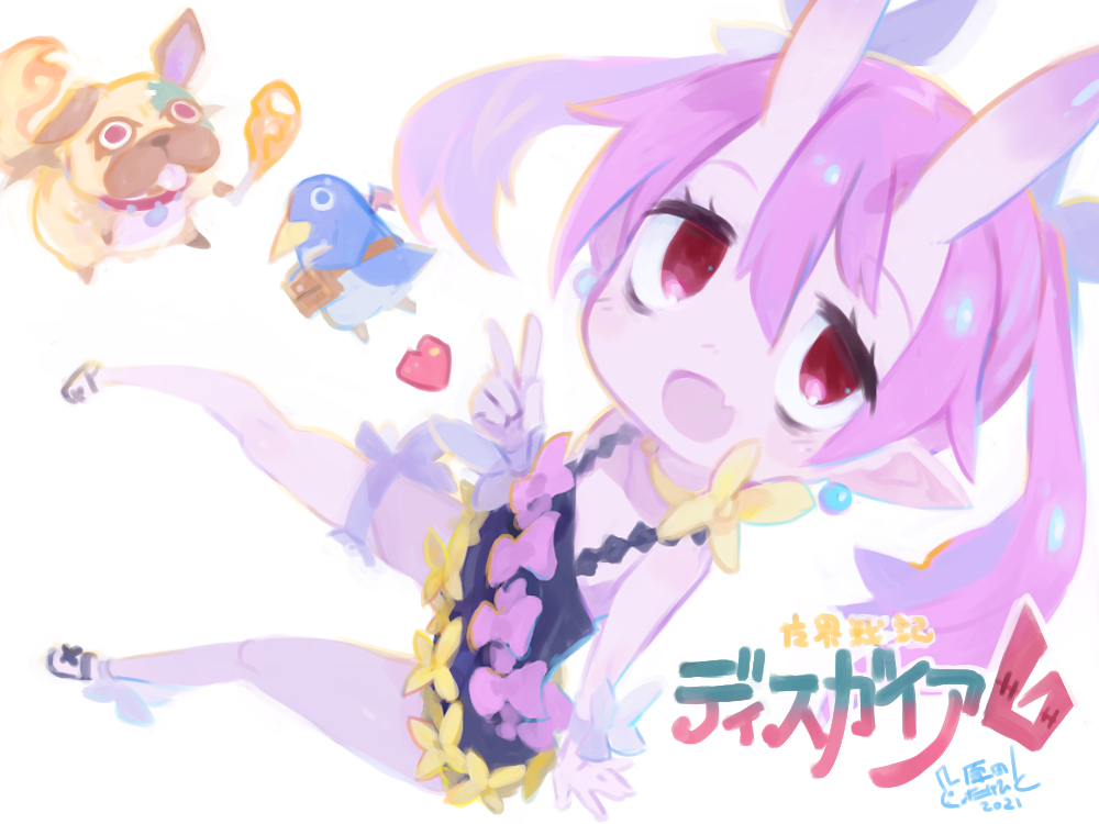 1girl, 2021, bangs, bieko_(disgaea), bow, cerberus_(disgaea), colored_skin, copyright_name