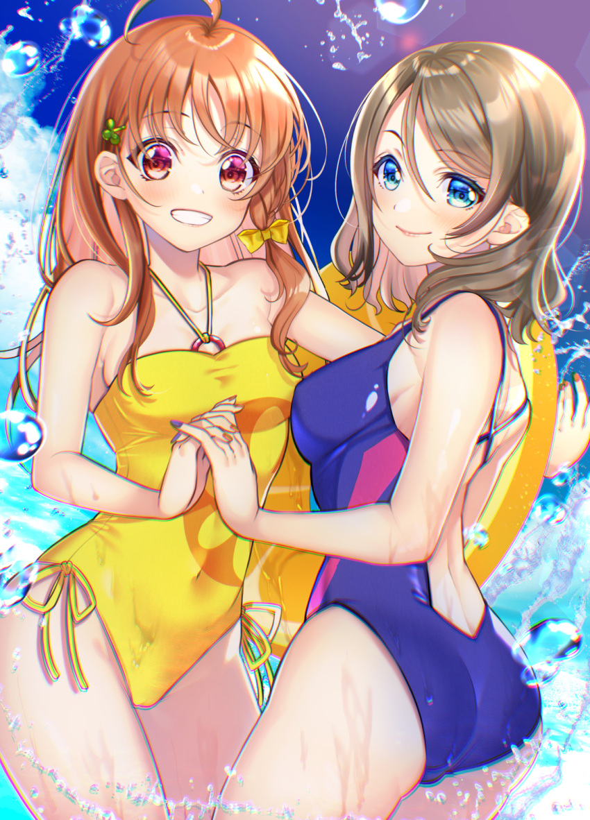 2girls, ahoge, alternate_hair_length, alternate_hairstyle, ass, blue_eyes, blue_sky, blue_swimsuit