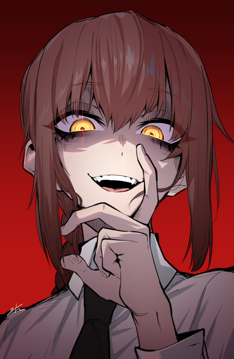 1girl, bangs, black_neckwear, braid, braided_ponytail, chainsaw_man, collared_shirt, eyebrows_visible_through_hair