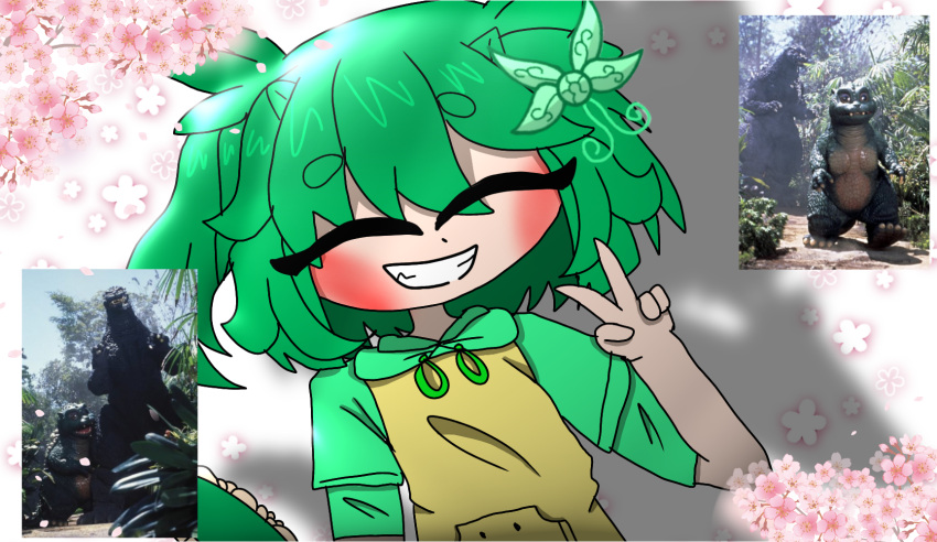 artist_request, blush, bow, breasts, closed_eyes, floral_background, flower, godzilla_(series)