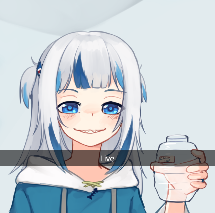 1girl, bangs, blue_eyes, blue_hair, blue_hoodie, blunt_bangs, bottle, cumjar_(meme)