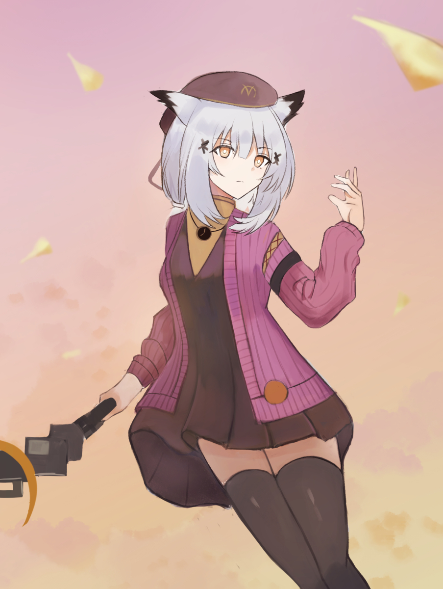 1girl, arknights, armband, black_headwear, black_legwear, closed_mouth, commentary_request, expressionless
