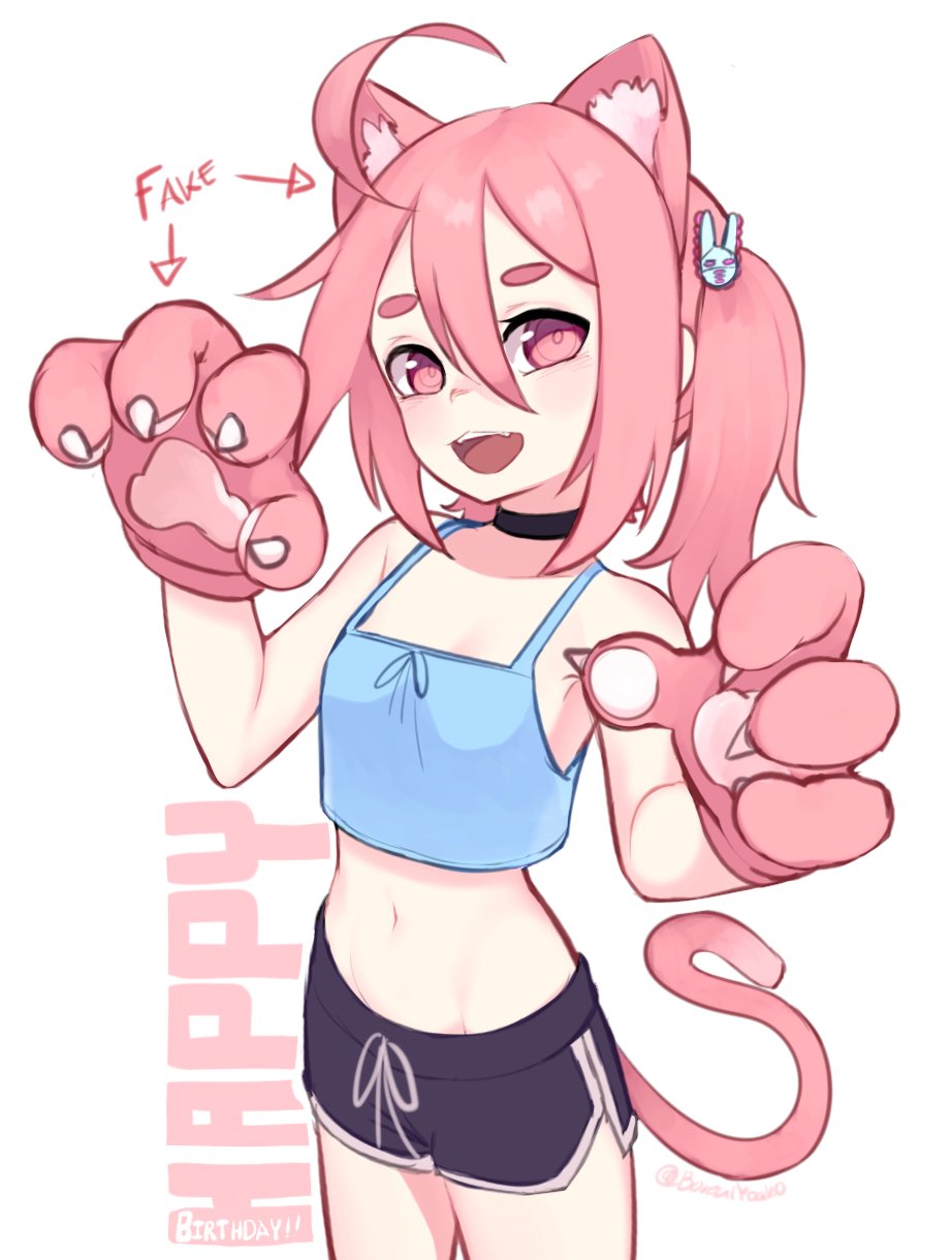 1girl, :d, ahoge, animal_ears, black_choker, blue_tank_top, cat_ears, cat_tail