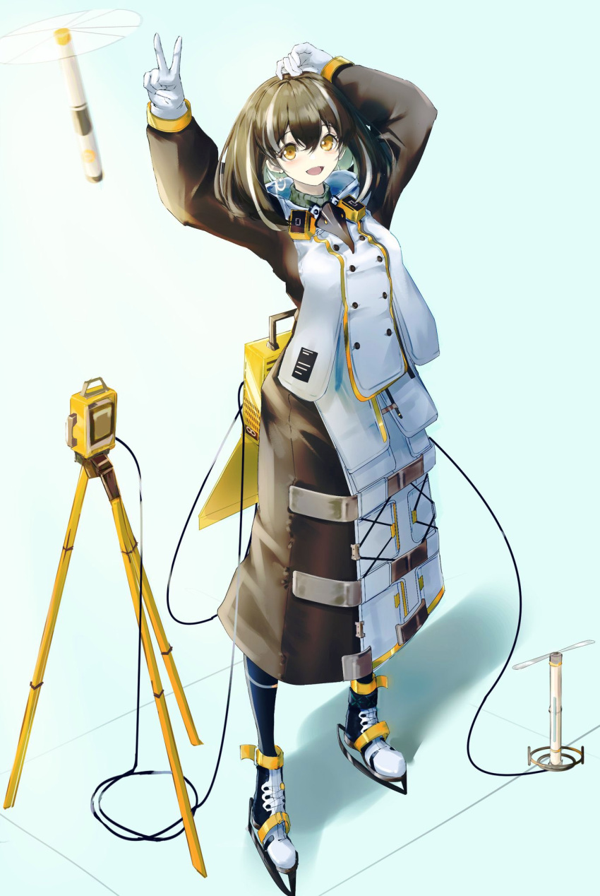 1girl, :d, arknights, arm_above_head, arms_up, beak_mask, black_hair, brown_eyes