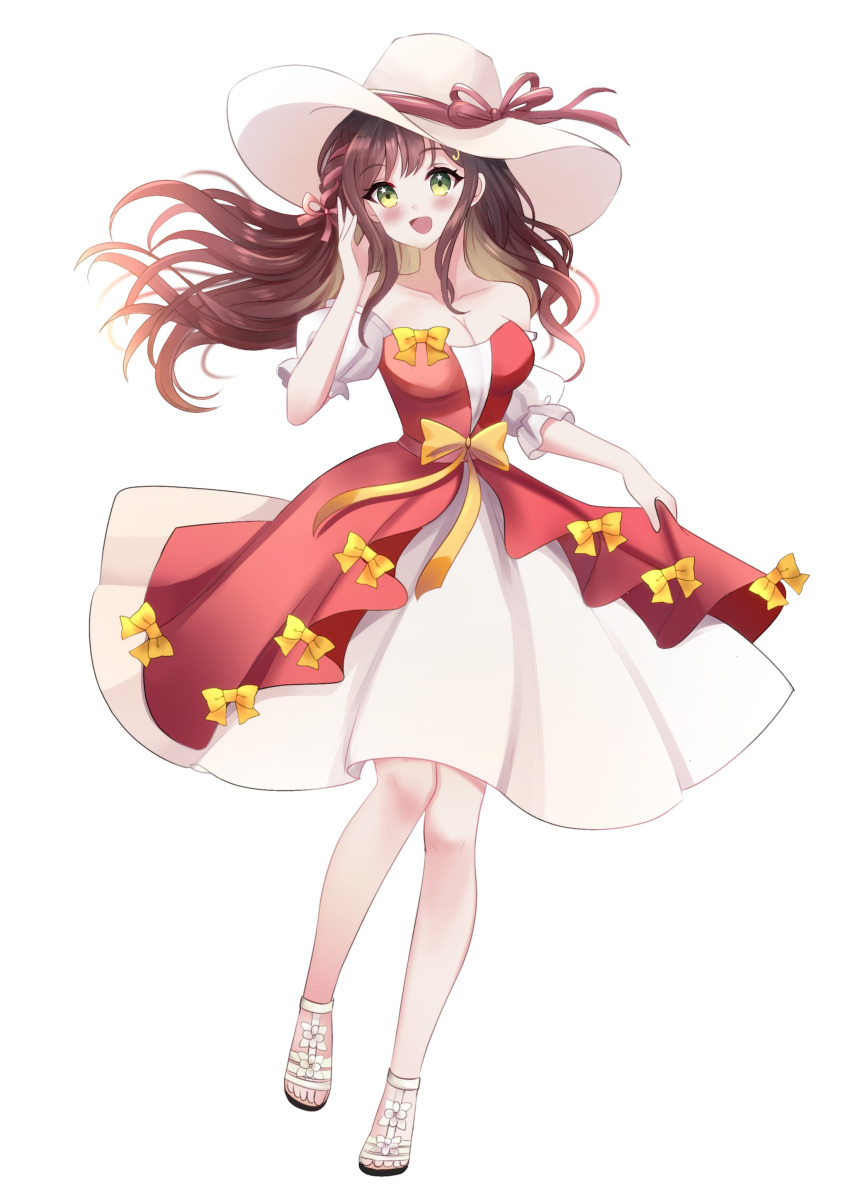 1girl, absurdres, bangs, bare_shoulders, barefoot_sandals, blush, bow, breasts
