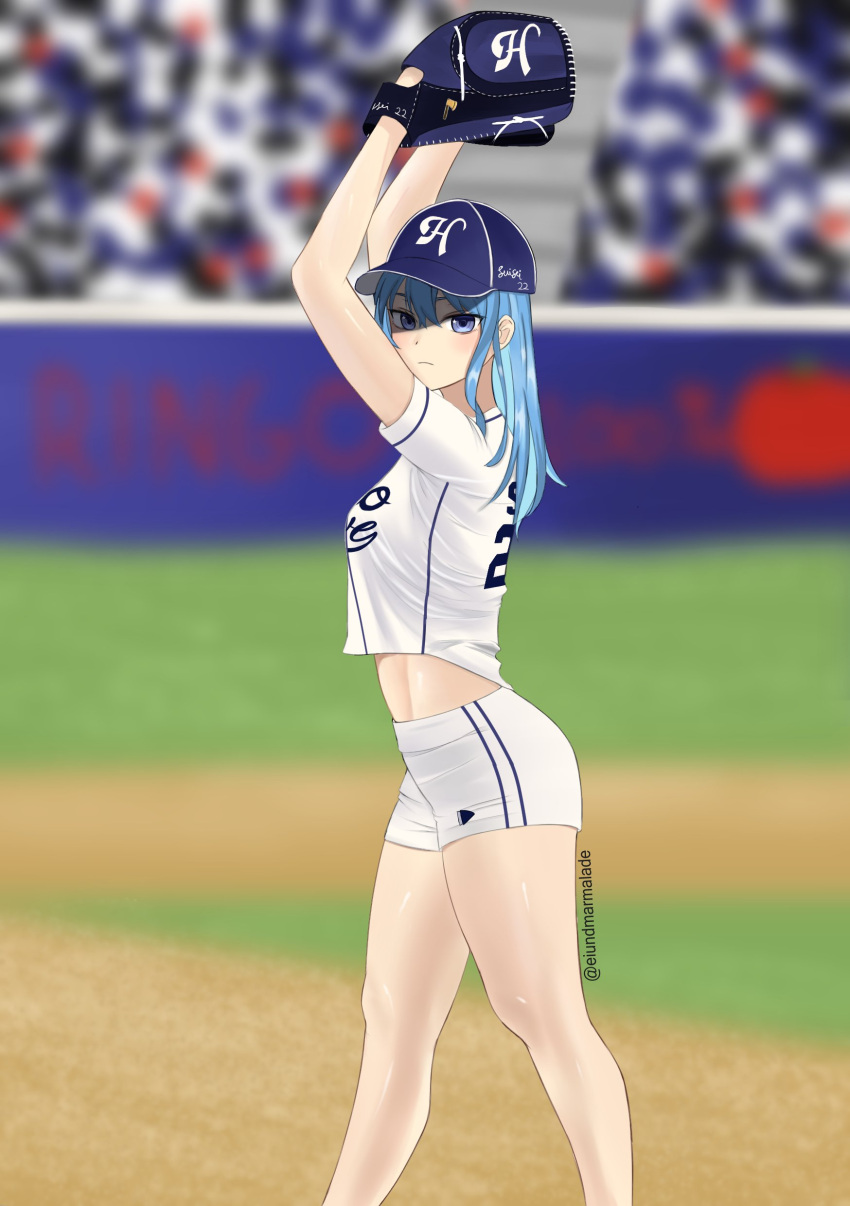1girl, absurdres, baseball_cap, baseball_jersey, baseball_mitt, baseball_uniform, blue_eyes, blue_hair