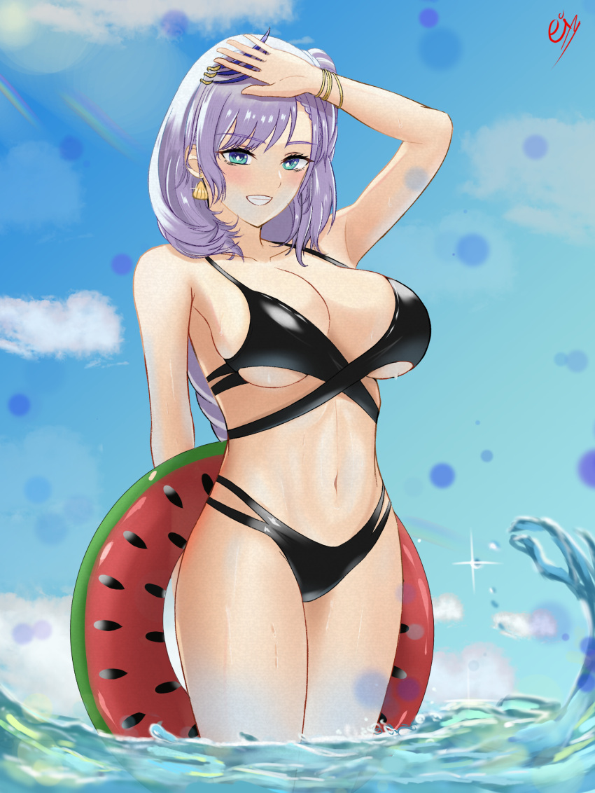 1girl, aqua_eyes, bangs, bikini, black_bikini, blush, borrowed_design, breasts, clouds, eiundmarmalade, feather_hair_ornament, feathers, hair_behind_ear, hair_ornament, hand_on_own_head, highres, holding, holding_innertube, hololive, hololive_indonesia, innertube, large_breasts, looking_at_viewer, navel, open_hand, pavolia_reine, silver_hair, sky, smile, solo, standing, swimsuit, virtual_youtuber, water