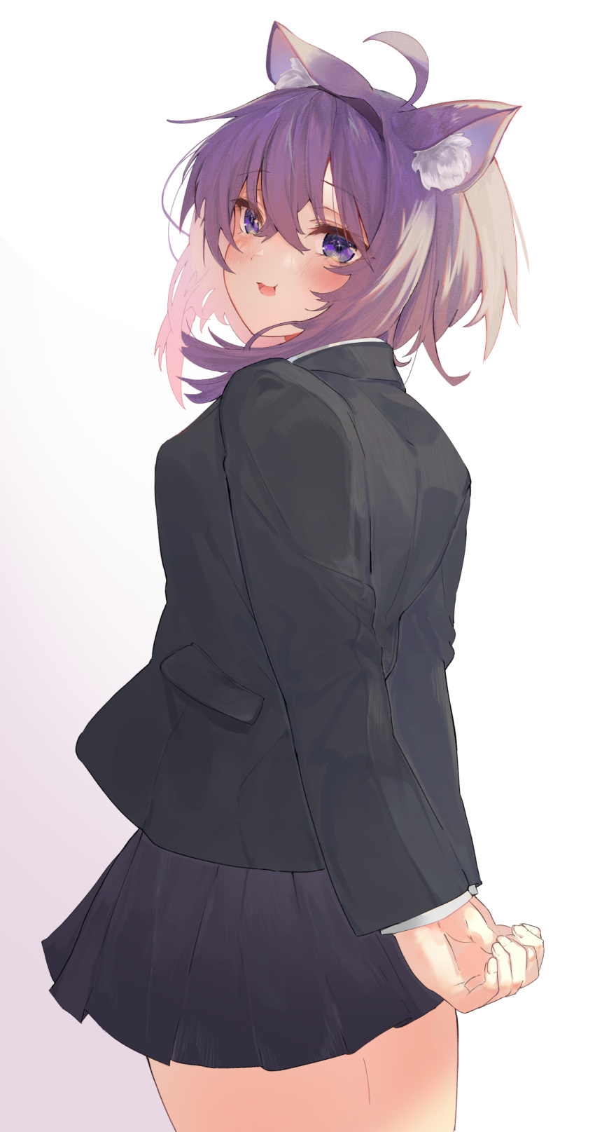 1girl, alternate_costume, animal_ears, arms_behind_back, bangs, black_jacket, black_skirt, blazer
