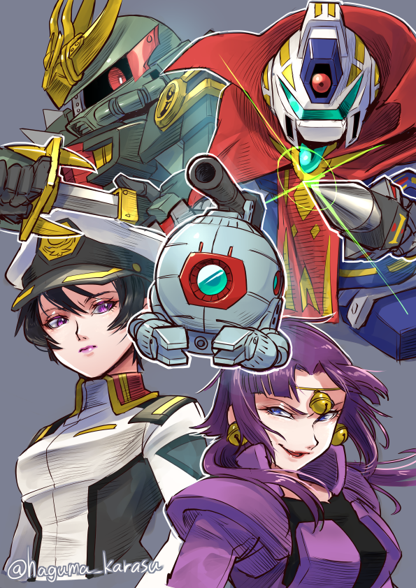 2girls, ball_(gundam), bangs, bell, black_hair, blue_eyes, breasts, cannon, fuala_griffon, gundam, gundam_seed, haguma_karasu, holding, holding_spear, holding_sword, holding_weapon, katana, mecha, mecha_request, medium_breasts, medium_hair, military, military_uniform, mobile_suit_gundam, multiple_girls, natarle_badgiruel, one-eyed, open_mouth, parted_bangs, pilot_suit, polearm, purple_hair, purple_lips, sd_gundam, sd_gundam_sangokuden, sheath, short_hair, smirk, spear, sword, uniform, unsheathing, victory_gundam, violet_eyes, visor, weapon