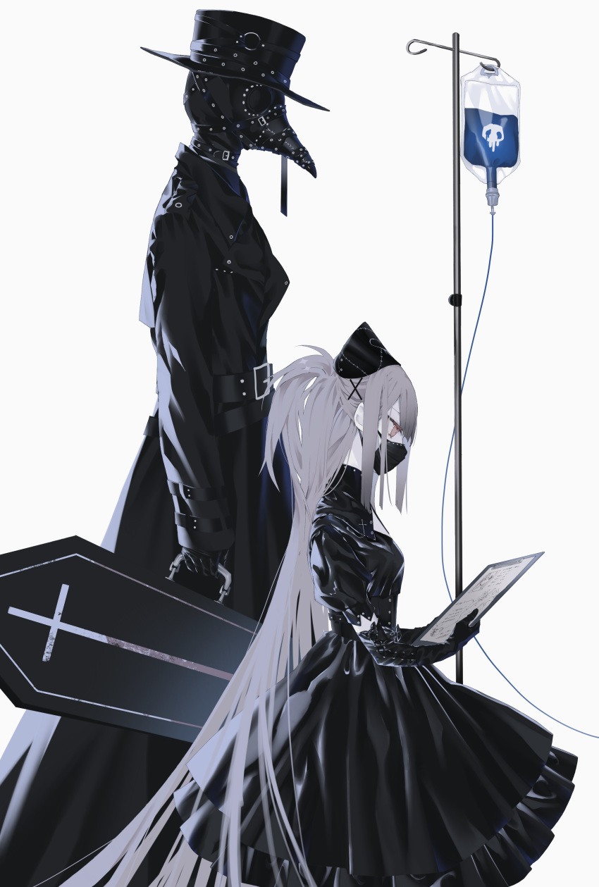 2girls, absurdres, bangs, belt, black_dress, black_gloves, black_headwear, brown_hair