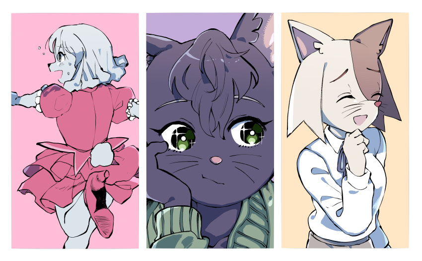 3girls, :d, animal_ear_fluff, animal_ears, black_fur, bright_pupils, brown_fur, cat_ears