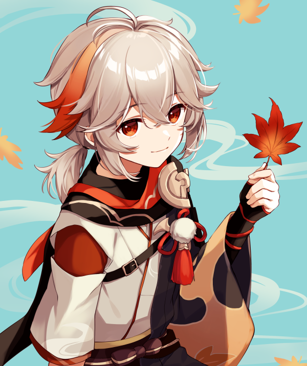 1boy, ahoge, autumn_leaves, bangs, black_kimono, blue_background, brown_hair, closed_mouth