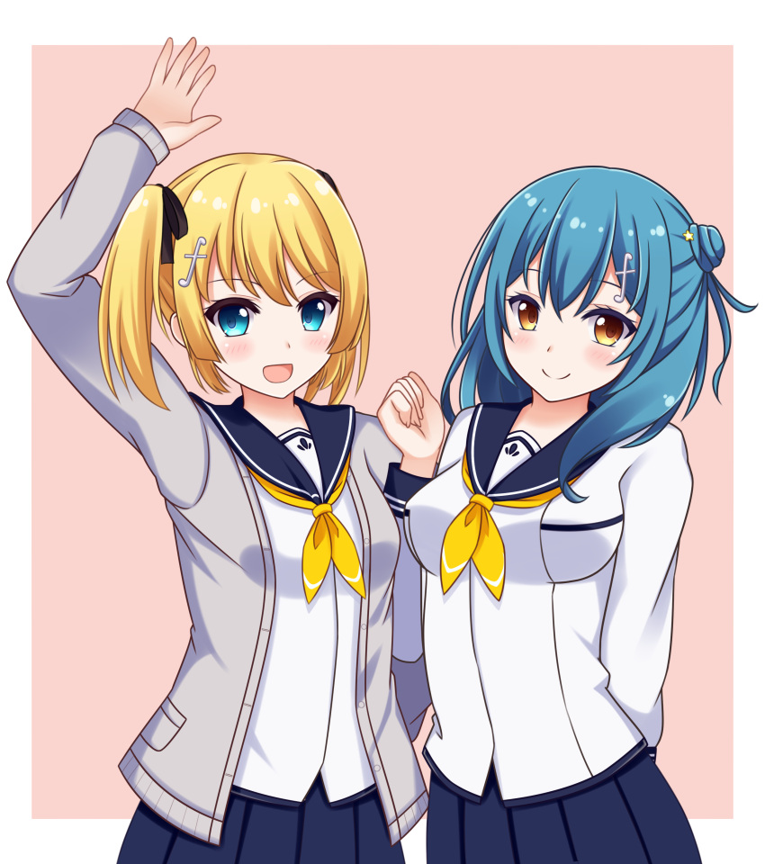 2girls, absurdres, battle_girl_high_school, blonde_hair, blue_eyes, blue_hair, blush, breasts