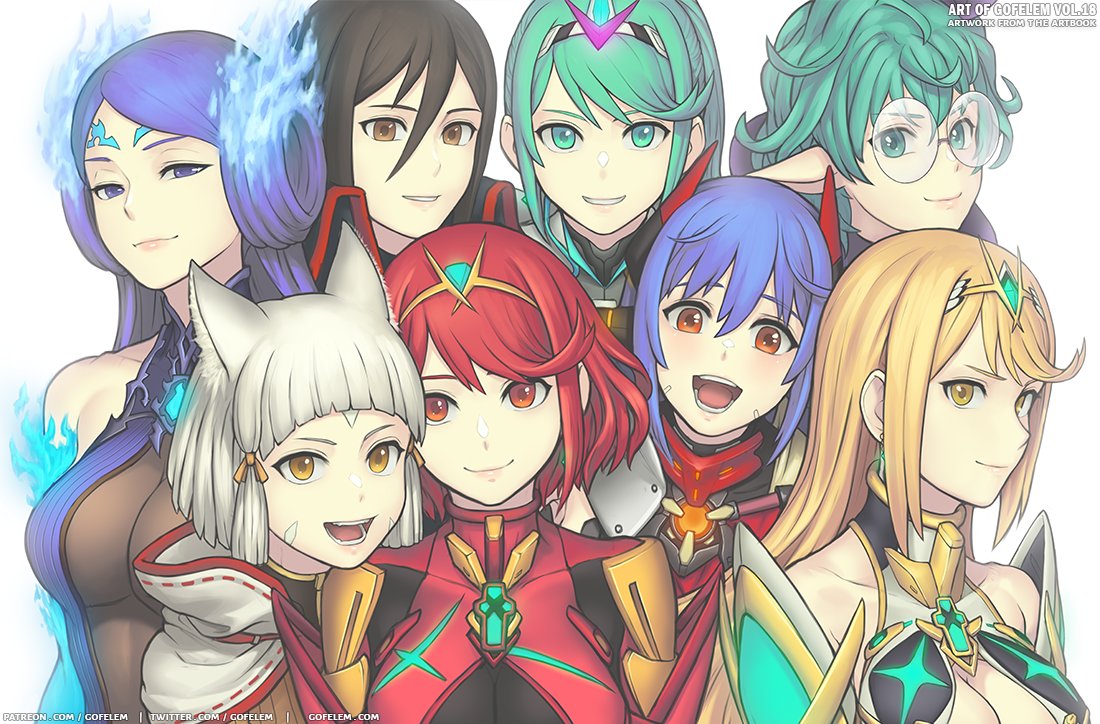 6+girls, animal_ears, black_hair, blonde_hair, blue_hair, breasts, brighid_(xenoblade), cat_ears