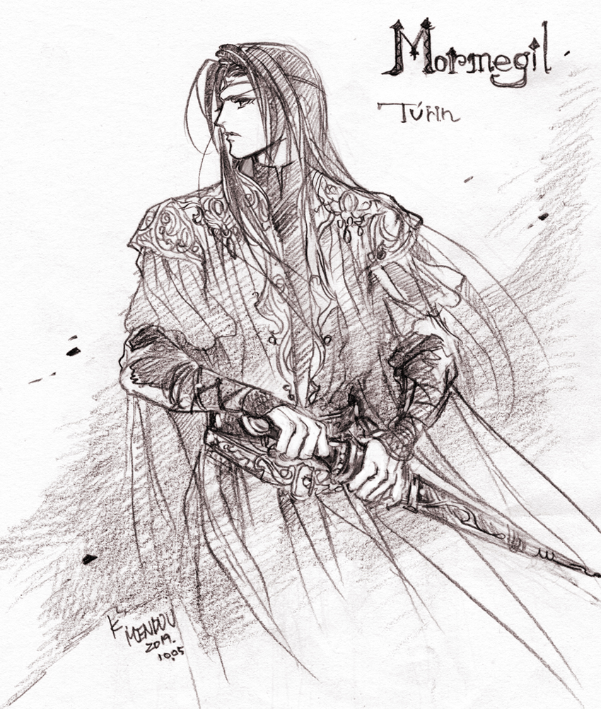 1boy, armor, bracer, character_name, circlet, closed_mouth, dated, greyscale, holding, holding_sword, holding_weapon, kazuki-mendou, legendarium, long_hair, male_focus, monochrome, scabbard, sheath, signature, solo, standing, sword, the_silmarillion, turin, unsheathing, weapon