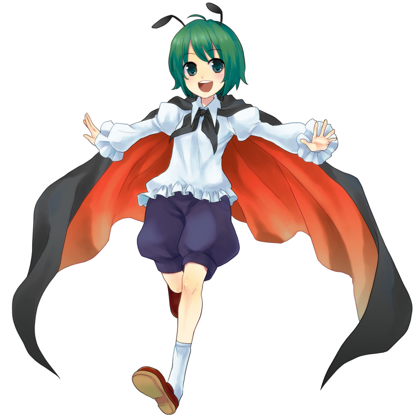 antenna, blush, cape, green_eyes, green_hair, highres, open_mouth, outstretched_arms