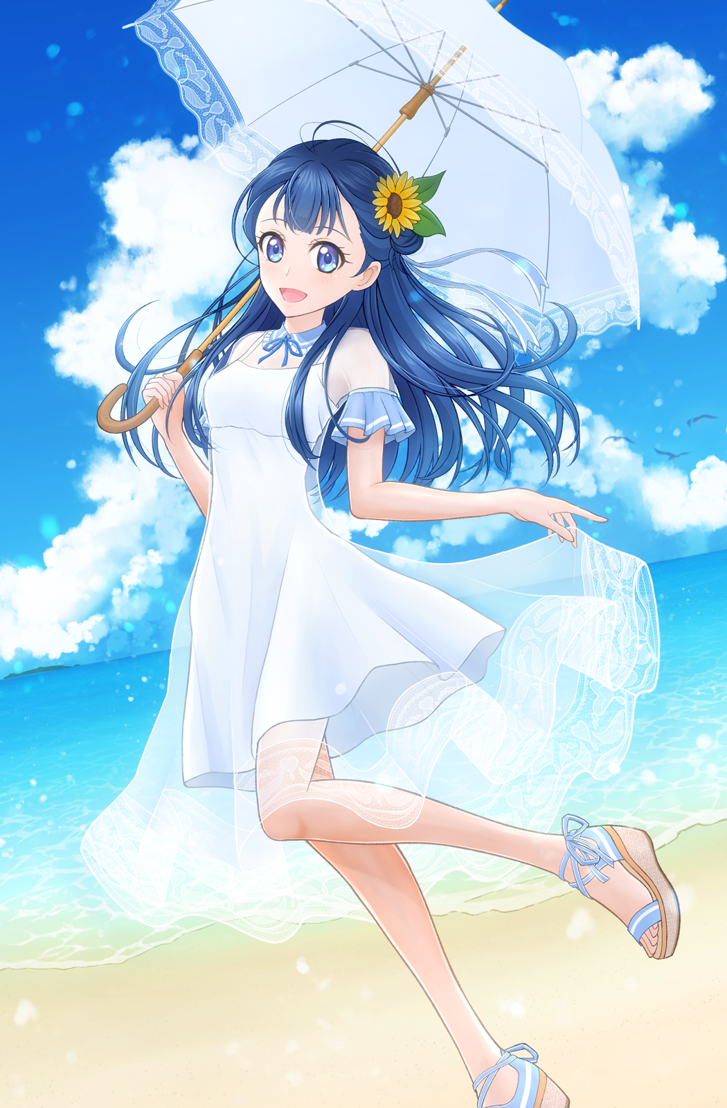 1girl, beach, bird, blue_eyes, blue_hair, blue_sky, breasts, day, dress, flower, hair_bun, hair_flower, hair_ornament, highres, hugtto!_precure, looking_at_viewer, ocean, outdoors, parasol, precure, sand, sandals, seagull, shoes, sky, small_breasts, solo, sundress, sunflower, swimsuit, tsuyatamaa, umbrella, water, white_dress, yakushiji_saaya