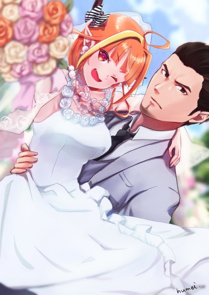 1boy, 1girl, animal_ears, artist_name, bangs, black_eyes, black_hair, black_neckwear