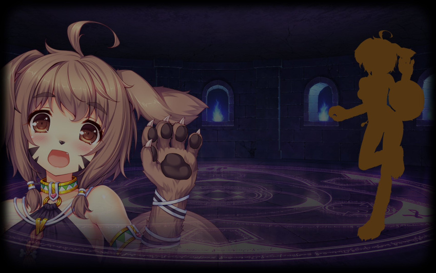 animal_ears, blush, brown_eyes, brown_hair, dog, dog_ears, dog_girl, dog_nose, dog_tail, facial_mark, floppy_ears, highres, monmusu, monster, monster_girl, paw_pose, paws, sadie_(monmusu), sayori_(neko_works), source_request, tail, whisker_markings