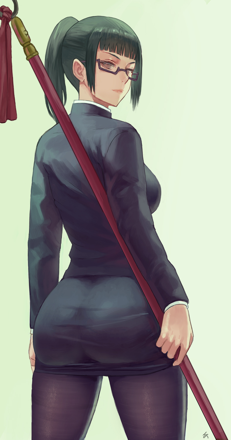 ass, bangs, black-framed_eyewear, black_legwear, black_skirt, black_suit, blunt_bangs, breasts, brown_eyes, formal, from_behind, glasses, green_hair, highres, holding, holding_polearm, holding_weapon, jujutsu_kaisen, large_breasts, lips, looking_back, pantyhose, pencil_skirt, polearm, semi-rimless_eyewear, short_ponytail, skirt, skirt_suit, suit, tassel, turning_head, under-rim_eyewear, weapon, weapon_behind_back, zefrableu, zen'in_maki