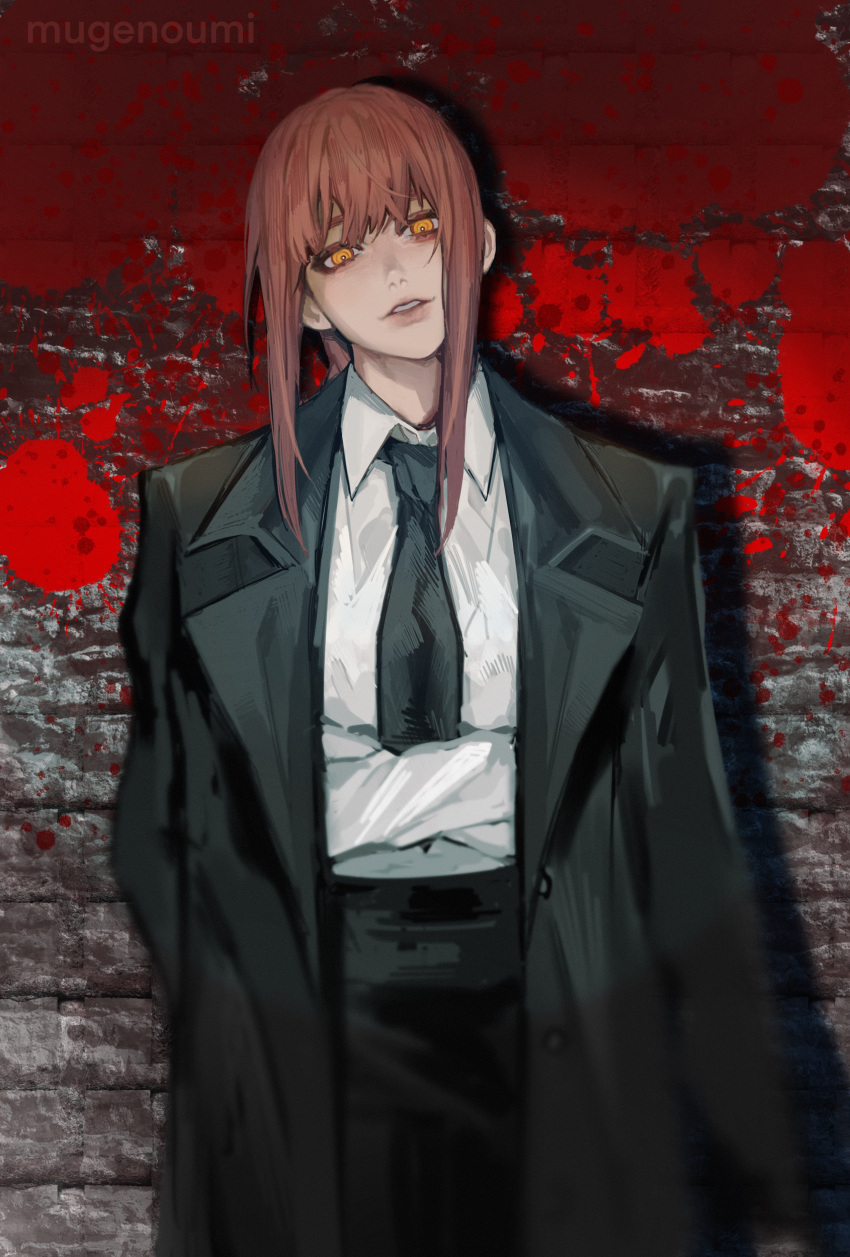 1girl, absurdres, artist_name, bangs, black_neckwear, black_pants, blood, blood_splatter