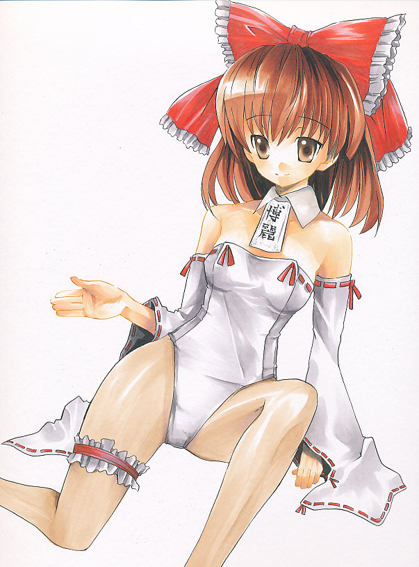 bare_shoulders, bow, brown_eyes, brown_hair, detached_sleeves, garters, hair_bow, hakurei_reimu