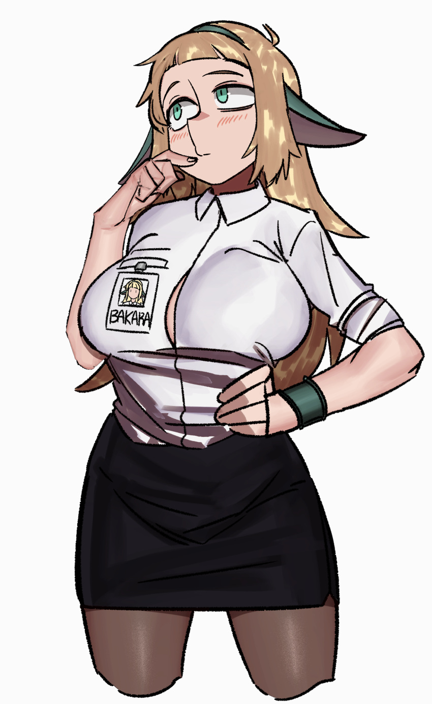 1girl, absurdres, animal_ears, bakara, black_skirt, blush, breasts, bursting_breasts, character_name, collared_shirt, cropped_legs, dofus, green_eyes, green_hairband, grey_legwear, hairband, hand_on_hip, highres, id_card, large_breasts, light_brown_hair, long_hair, looking_away, mano_(deew123), office_lady, pantyhose, pencil_skirt, shirt, skirt, solo, white_background, white_shirt