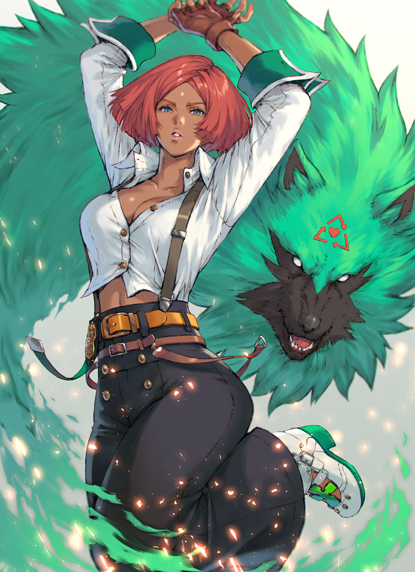 1girl, arms_up, bangs, belt, black_pants, blue_eyes, breasts, buttons