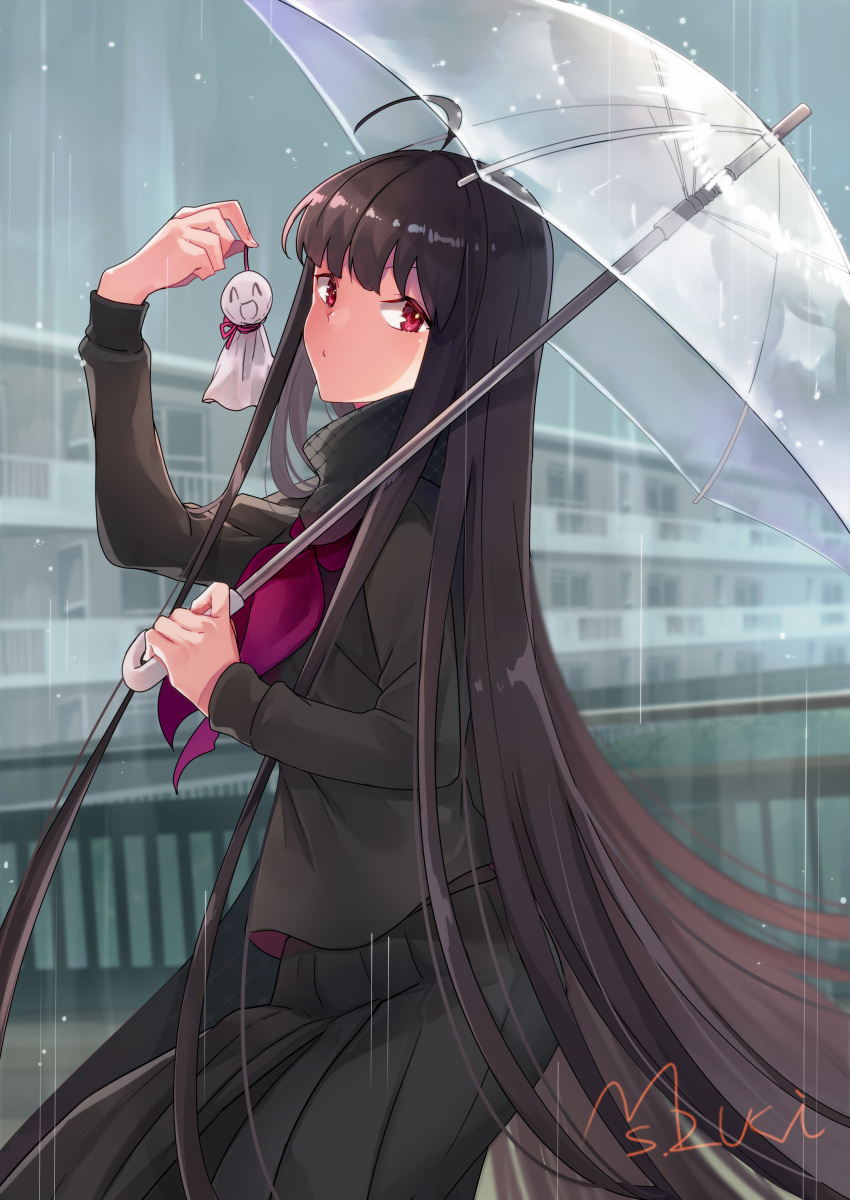 1girl, absurdres, black_scarf, black_shirt, black_skirt, commentary_request, doll, fate/grand_order