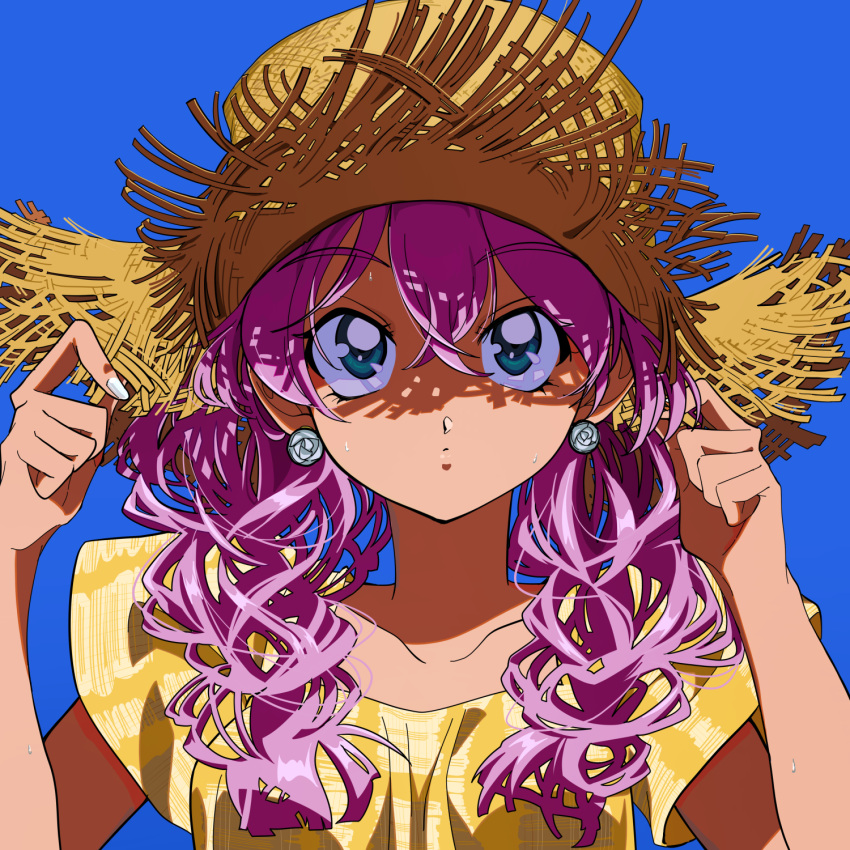 1girl, aqua_eyes, blue_background, earrings, eyebrows_visible_through_hair, hair_between_eyes, hat, highres, hrn_yc, jewelry, long_hair, looking_at_viewer, original, purple_hair, shadow, shirt, short_sleeves, simple_background, solo, straw_hat, white_nails, yellow_shirt